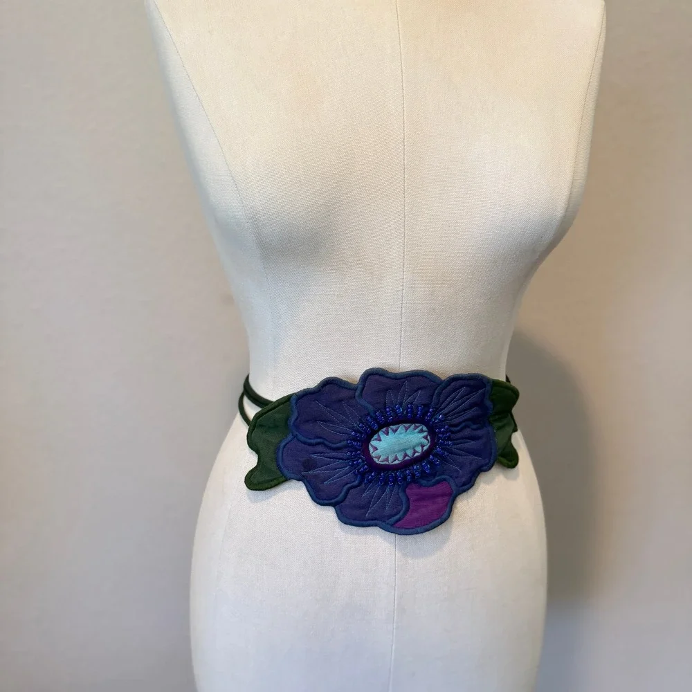Ellen Edith Purple Beaded Embroidered Flower Waist Belt Bohemian Artisan Tie